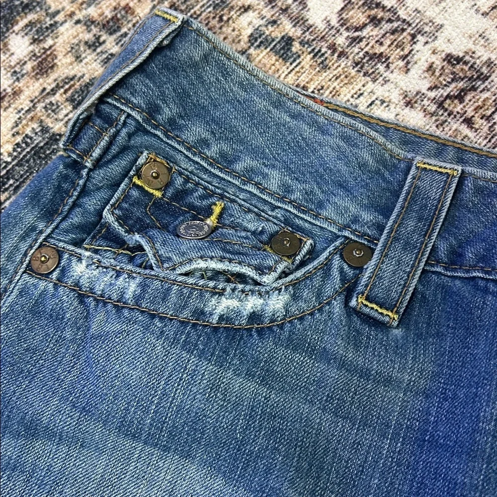 Vintage True Religion Y2K USA Made Raw Hem Blue Distressed Denim Mini Skirt | 31